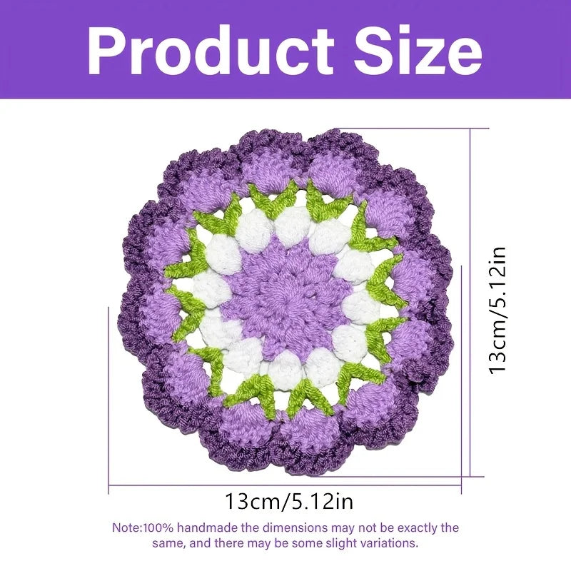 Handmade Crochet Flower Coaster – Purple Floral Knitted Cup Mat Crochet Cup Coaster Qme