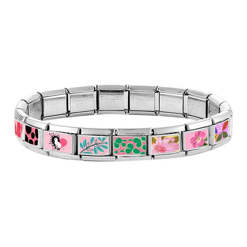 Splash-ink Cat Heart Pink Italian Link Stainless Steel Bracelet Italian Link Bracelet Qme