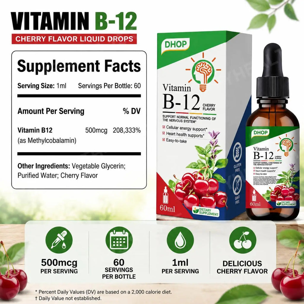 Vitamin B-12 Liquid Drops Methylcobalamin Cherry | 60ml Vitamin B12 Supplement Qst