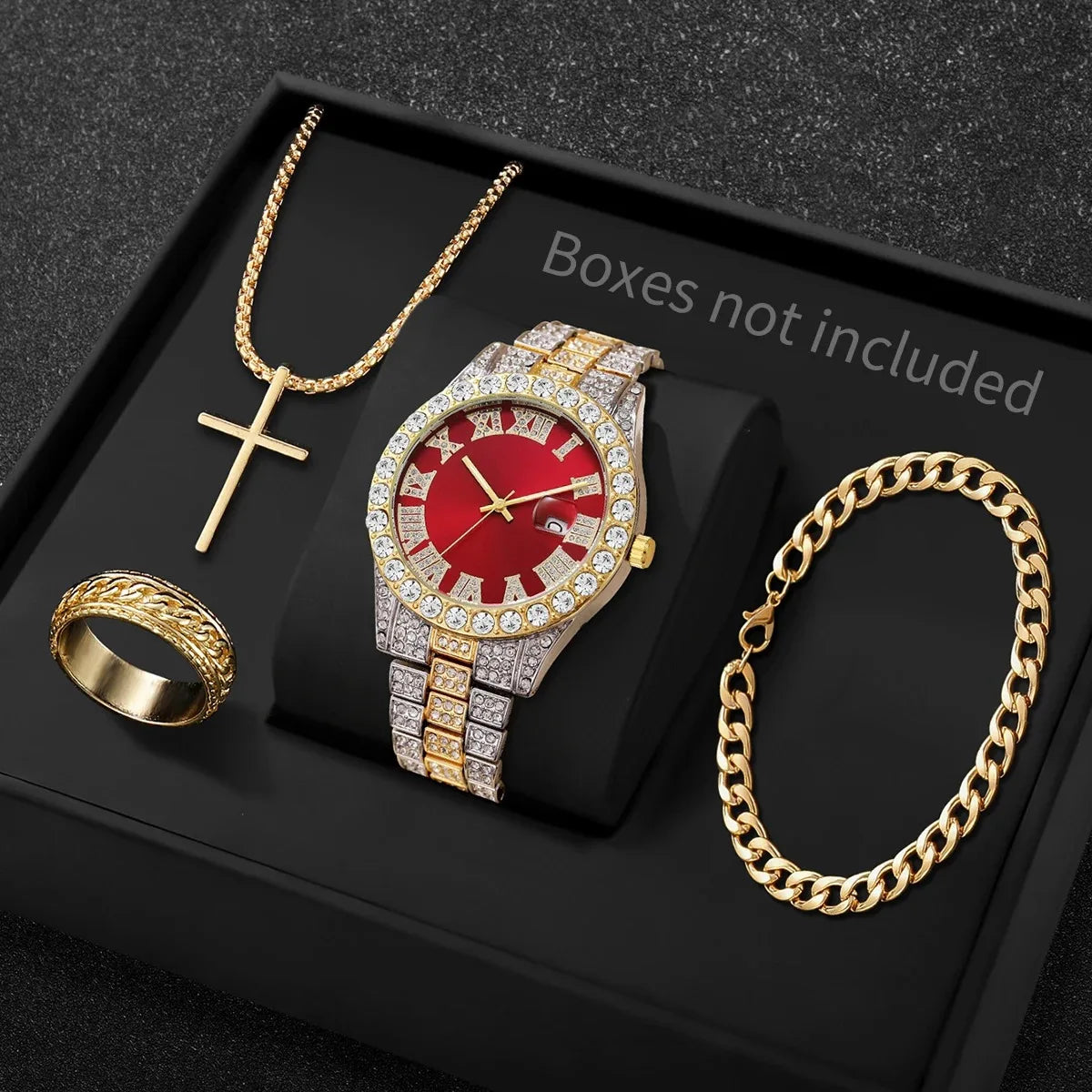 Men's Bling Quartz Watch, Necklace, Ring & Bracelet Set Men's Jewelry Set Qme
