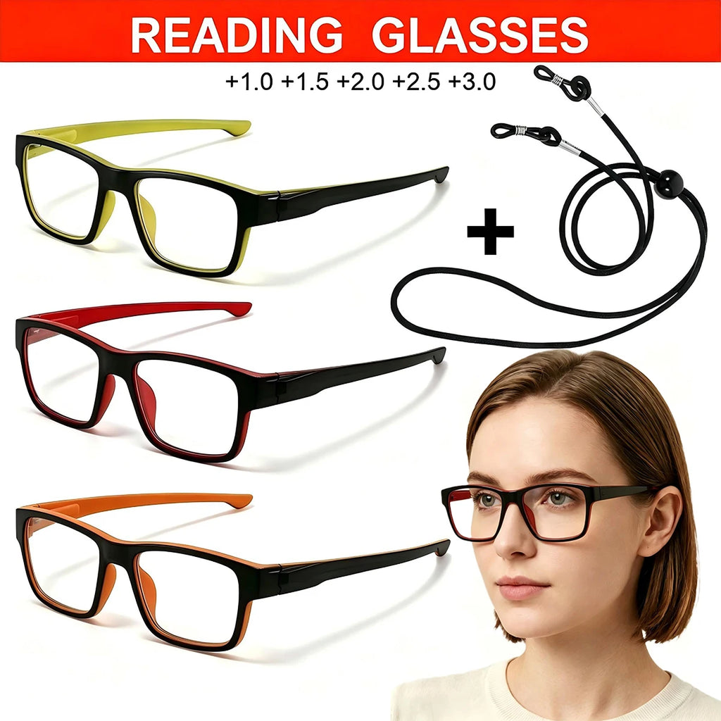 VOPHA Women's Square Reading Glasses & Strap – Blue Light Blocking Reading Glasses Qst
