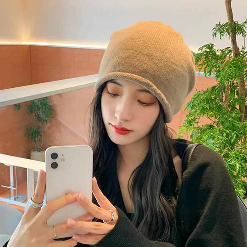 Women's Knitted Drawstring Beanie – Warm Pile Hat Curled Brim Knitted Winter Beanie Qst