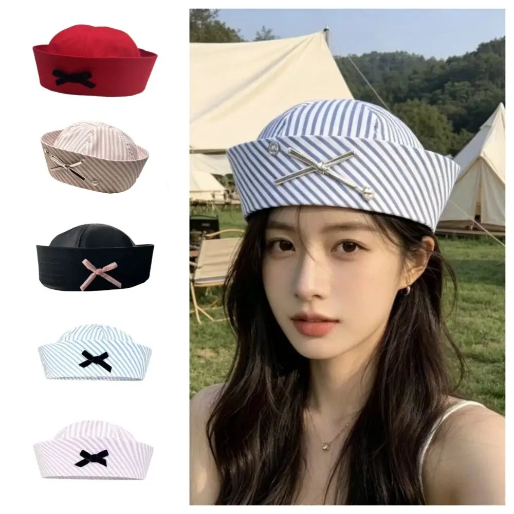 Y2K Stripe Sailor Captain Hat with Bow – Octagonal Navy Cap Sailor Captain Hat Qme