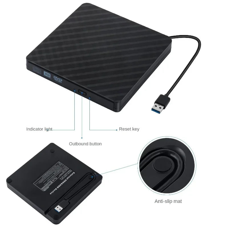 Portable USB 3.0 External DVD Burner CD RW Drive – Black/White External Optical Drive Qme