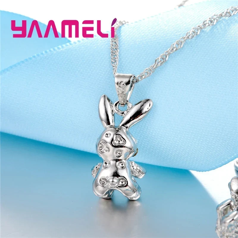 Cute Rabbit 925 Sterling Silver CZ Necklace & Earrings Set Sterling Silver Jewelry Set Qme