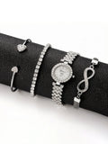 Women's 4-Piece Diamond Quartz Watch & Bracelet Set Watch & Bracelet Set Qme Silver No