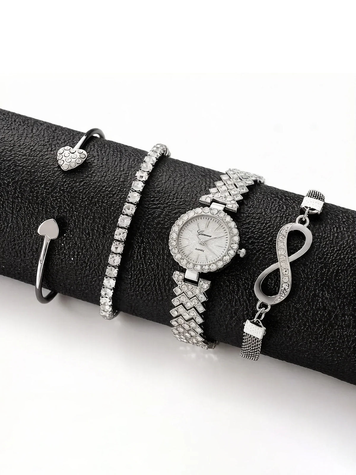 Women's 4-Piece Diamond Quartz Watch & Bracelet Set Watch & Bracelet Set Qme Silver No