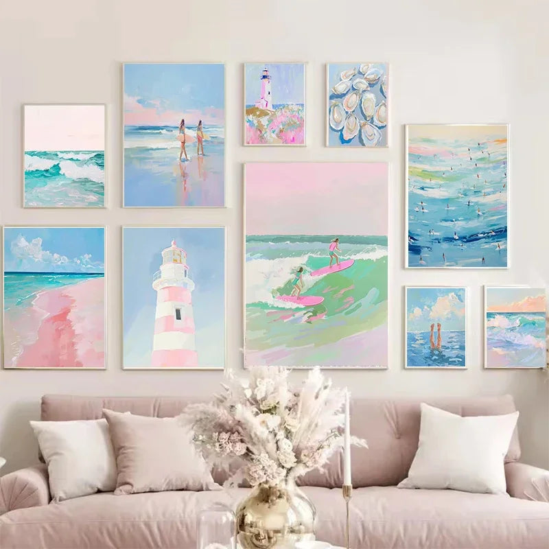 Pink Ocean Waves Seascape Canvas Wall Art – Beach Poster Canvas Wall Art Qst
