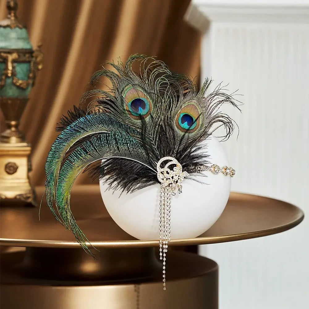 1920s Feather Headband | Sequin Rhinestone Masquerade Hair Band Feather Headband Qme