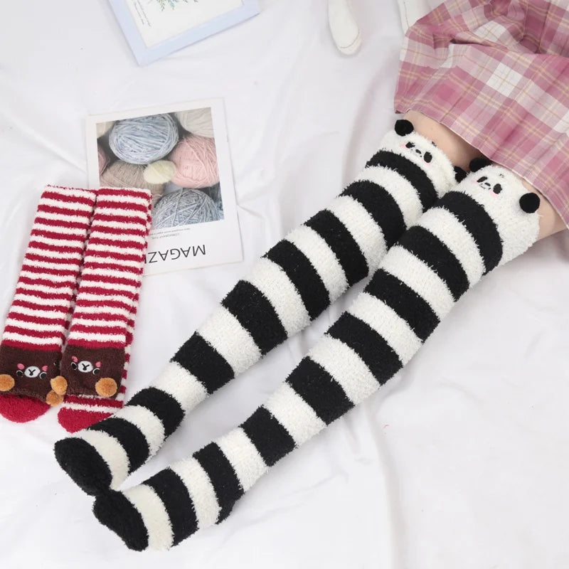 Women's Striped Coral Velvet Thick Winter Long Socks – 5 Colors Winter Long Socks Qme