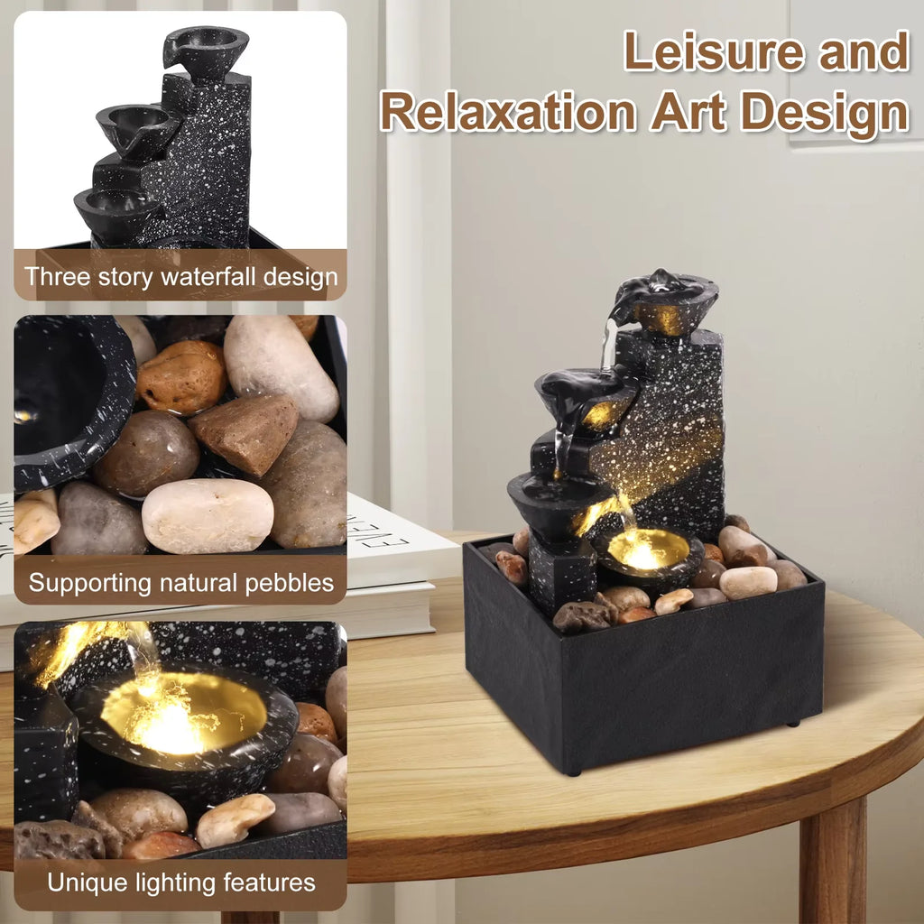 Tabletop Waterfall Fountain LED Décor – Desktop Zen Ornament Tabletop Water Fountain Qst