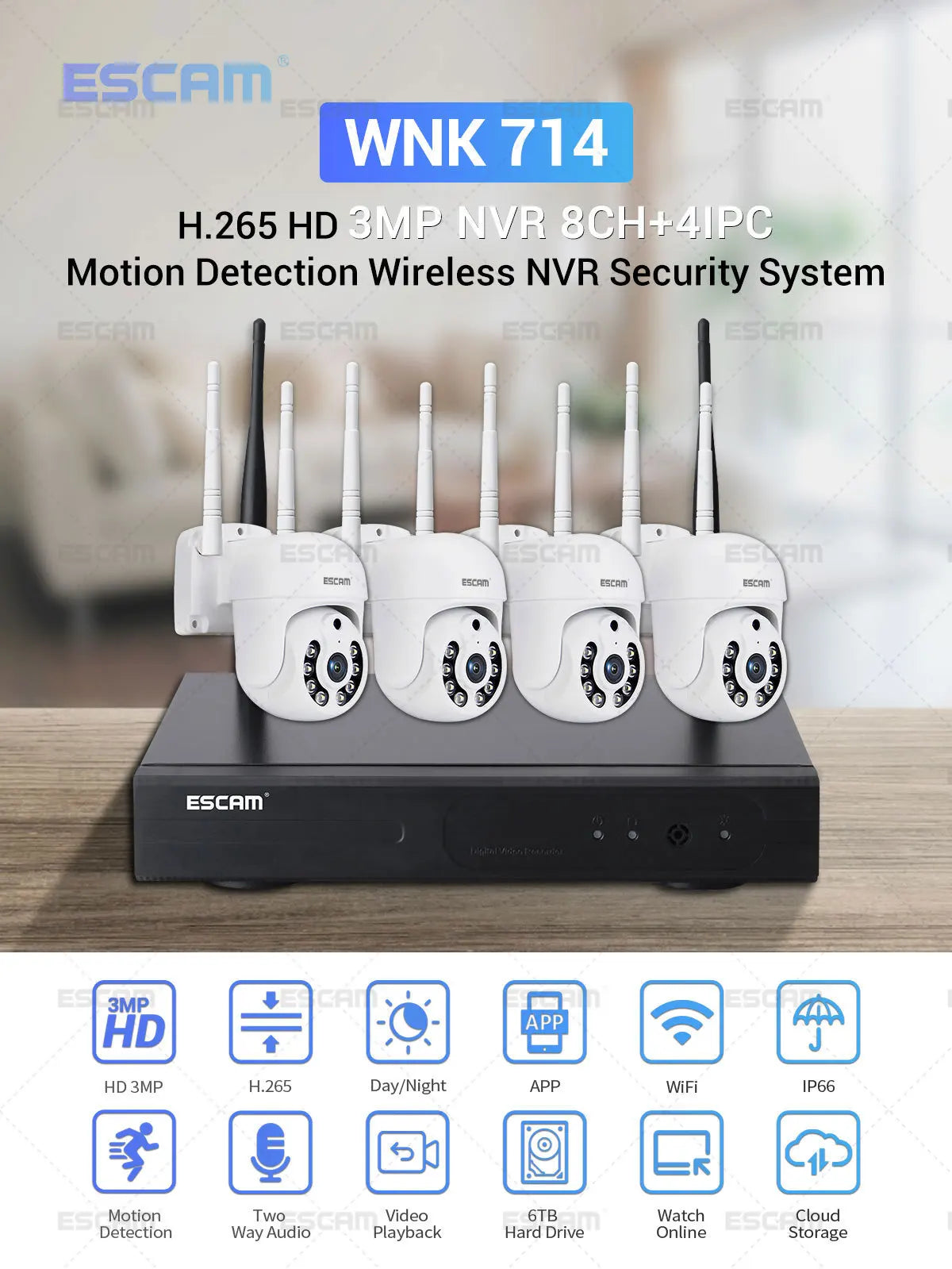 ESCAM 3MP HD Wireless CCTV System | PTZ Two-Way Audio Cameras Wireless CCTV System Qme