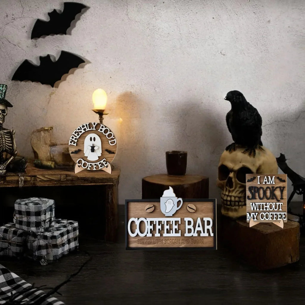 Freshly Boo'd Halloween Wooden Coffee Desktop Sign Halloween Desktop Sign Qme