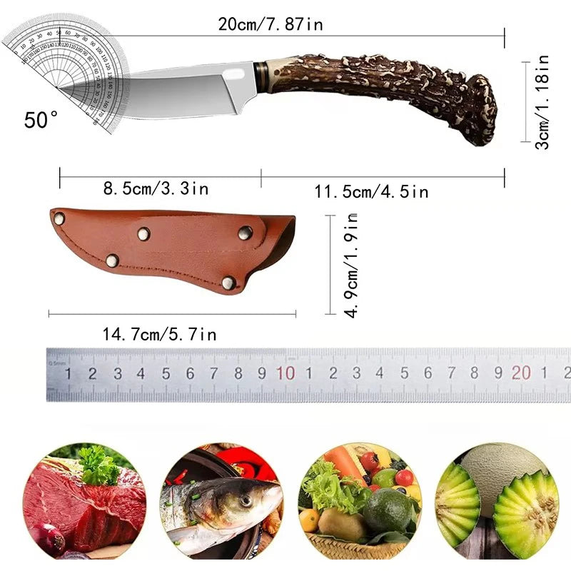 Damascus Fixed Blade Hunting Knife with Leather Sheath Fixed Blade Knife Qst