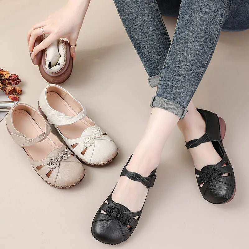 Women's Vintage Roman Flat Sandals – Elegant PU Loafers Flat Sandal Loafers Qst
