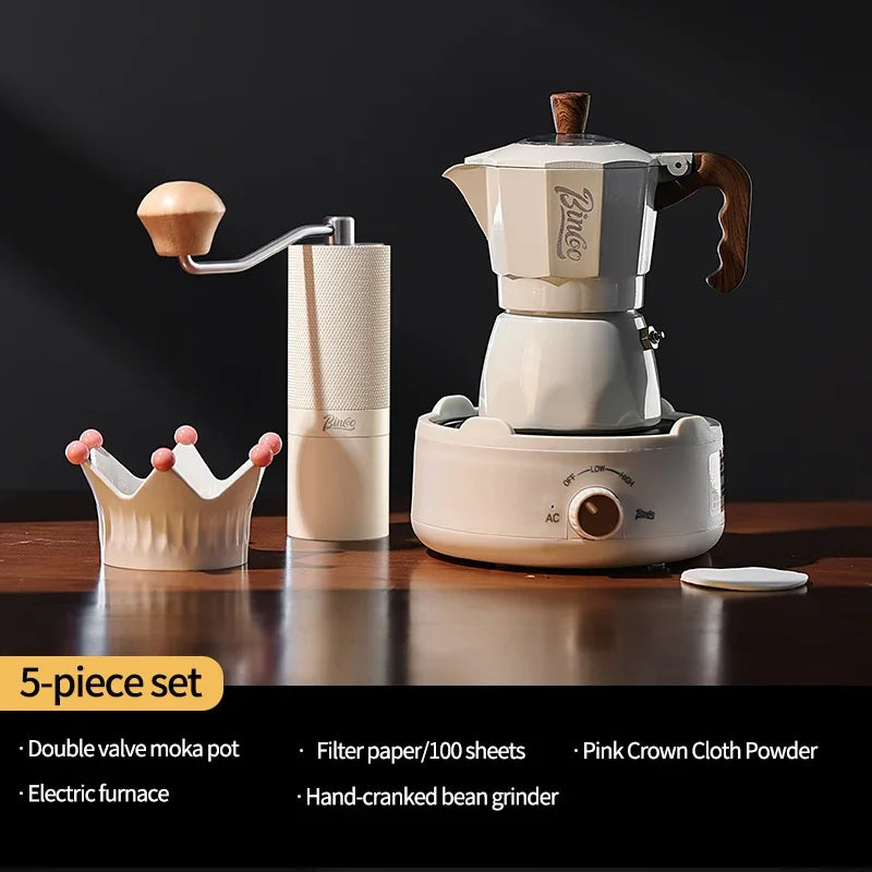 Bincoo Dual Valve Moka Pot & Manual Coffee Grinder Set Moka Pot Grinder Set Qst 5pcs set