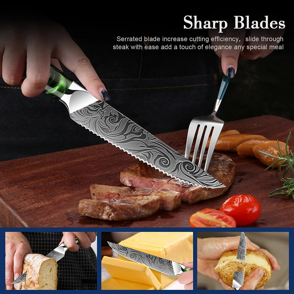 XITUO Serrated Steak Knife Set – Stainless Steel & Green Resin Steak Knife Set Qst