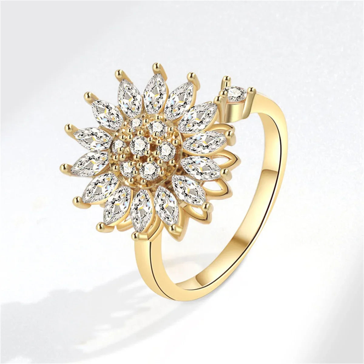 Women's Crystal Sunflower Fidget Spinner Ring – Stainless Steel Spinner Fashion Ring Qme