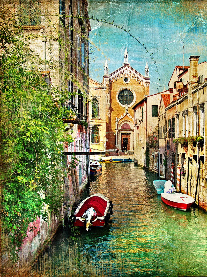 Retro Nostalgic Town Canvas Poster | Flowers Boats Bicycles