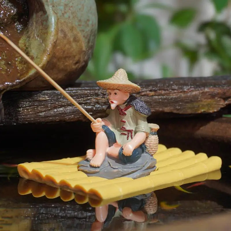 Bamboo Raft Fisherman Figurine | PVC Garden & Aquarium Statue Garden Figurine Qme