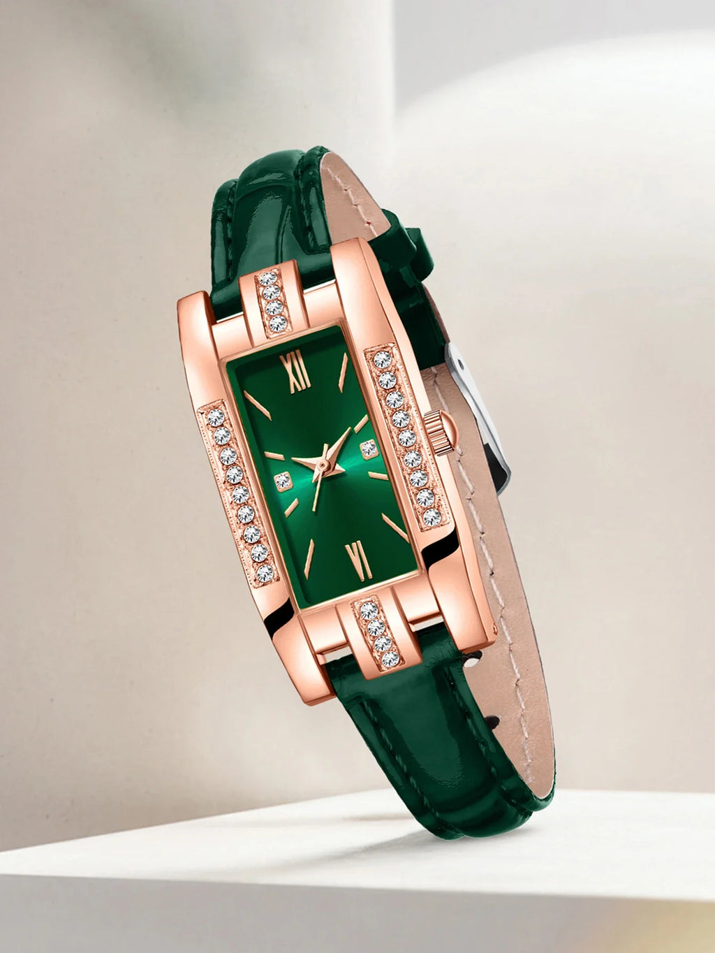 Rose Gold Diamond Encrusted Rectangular Women's Leather Watch Women's Fashion Watch Qme