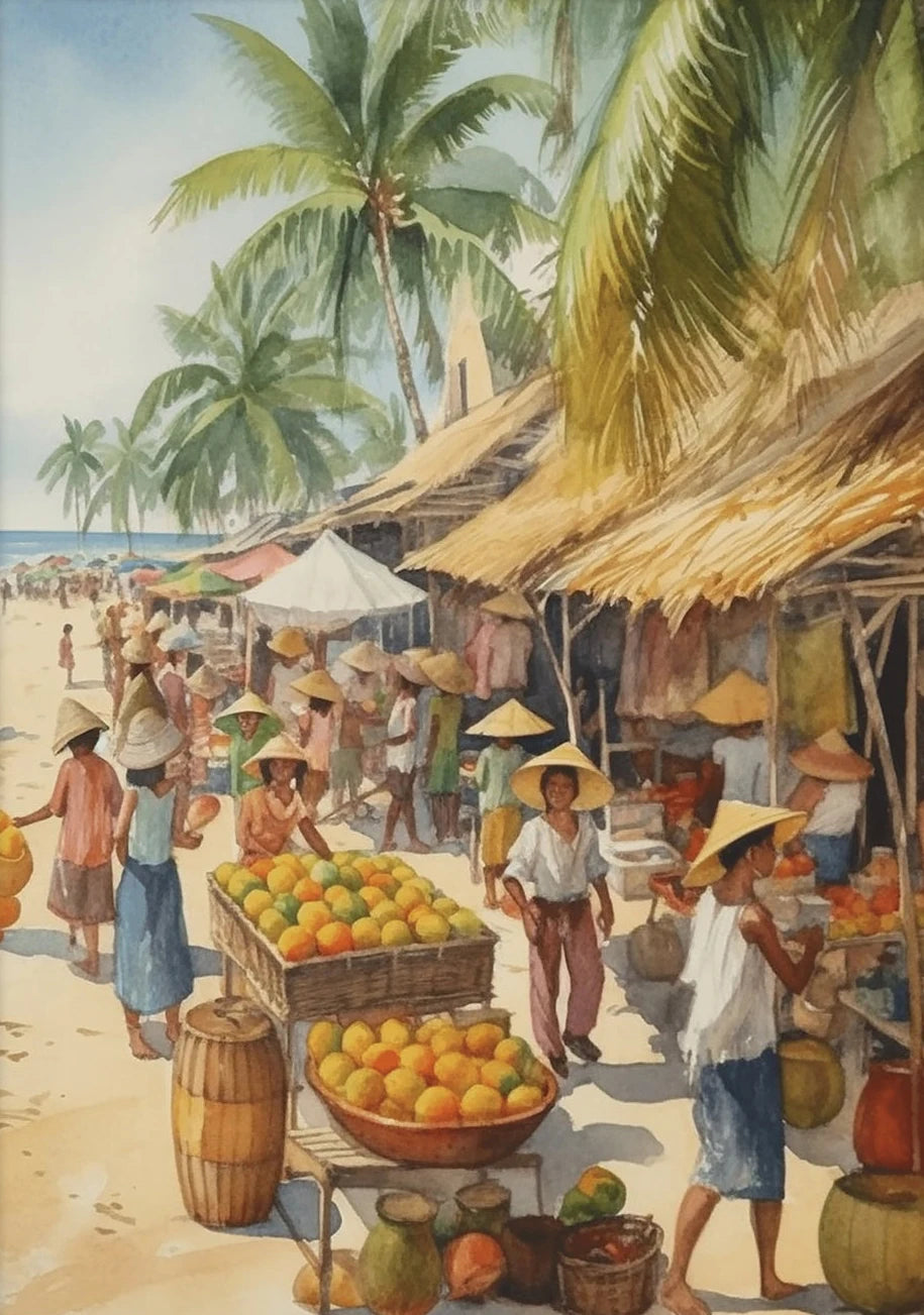 Vietnamese Village Canvas Wall Art – Vintage Watercolour Print Canvas Wall Art Qst 7 20x30cm Unframed