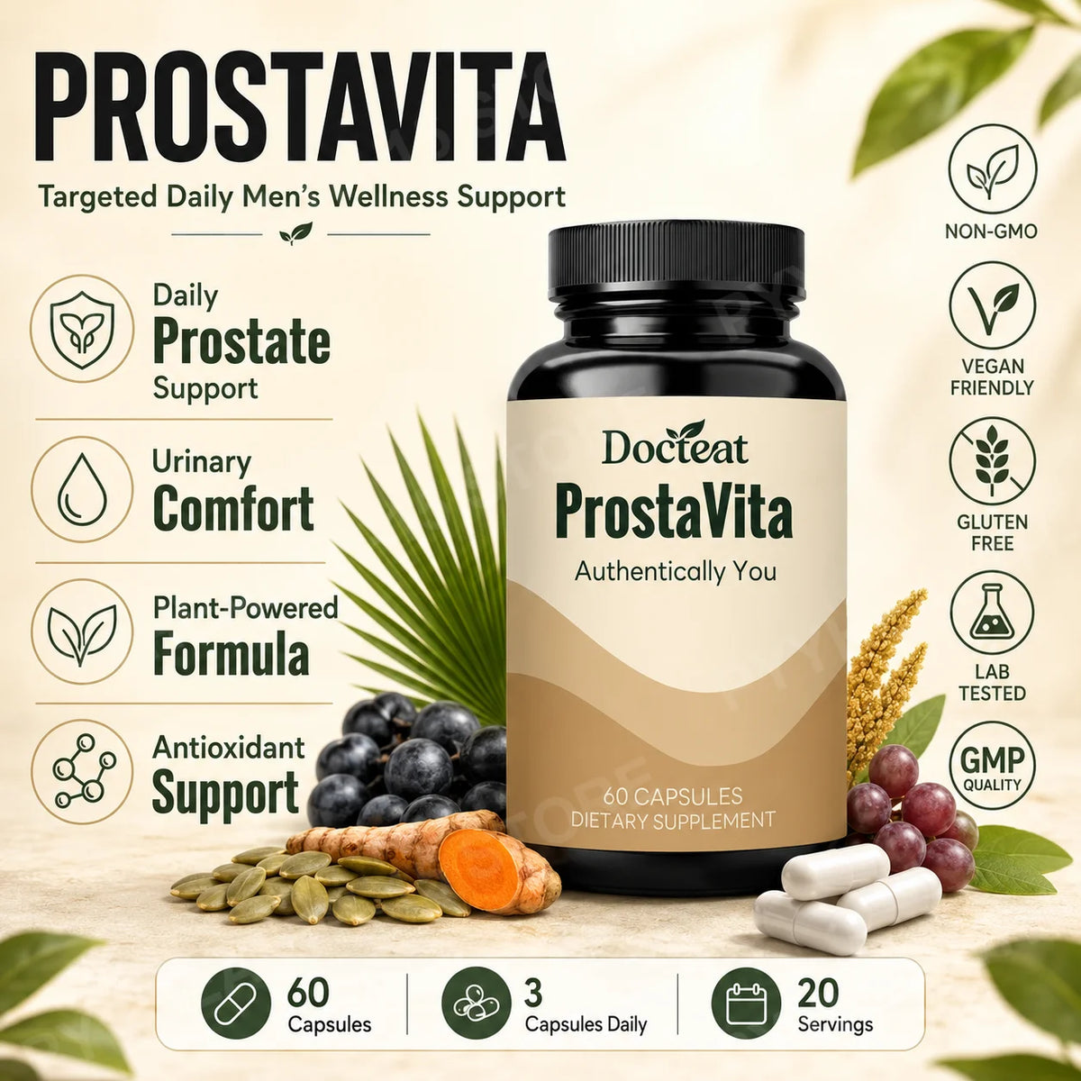 Docteat ProstaVita Men's Prostate Support Capsules 60ct Men's Health Supplement Qst