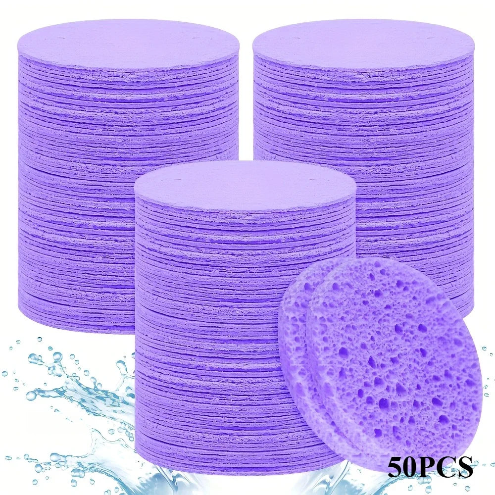 Compressed Facial Sponges – Wood Pulp Cleansing & Makeup Removal Facial Cleansing Sponge Qme Purple 50PCS