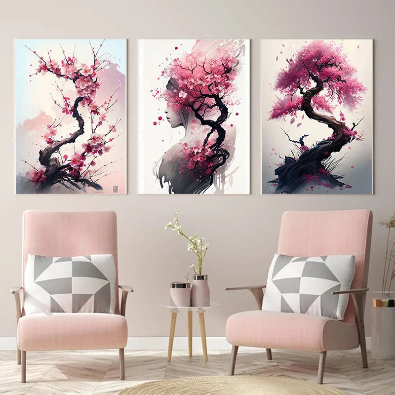 Japanese Sakura Cherry Blossom Canvas Wall Art – Pink Watercolor Canvas Wall Art Qst