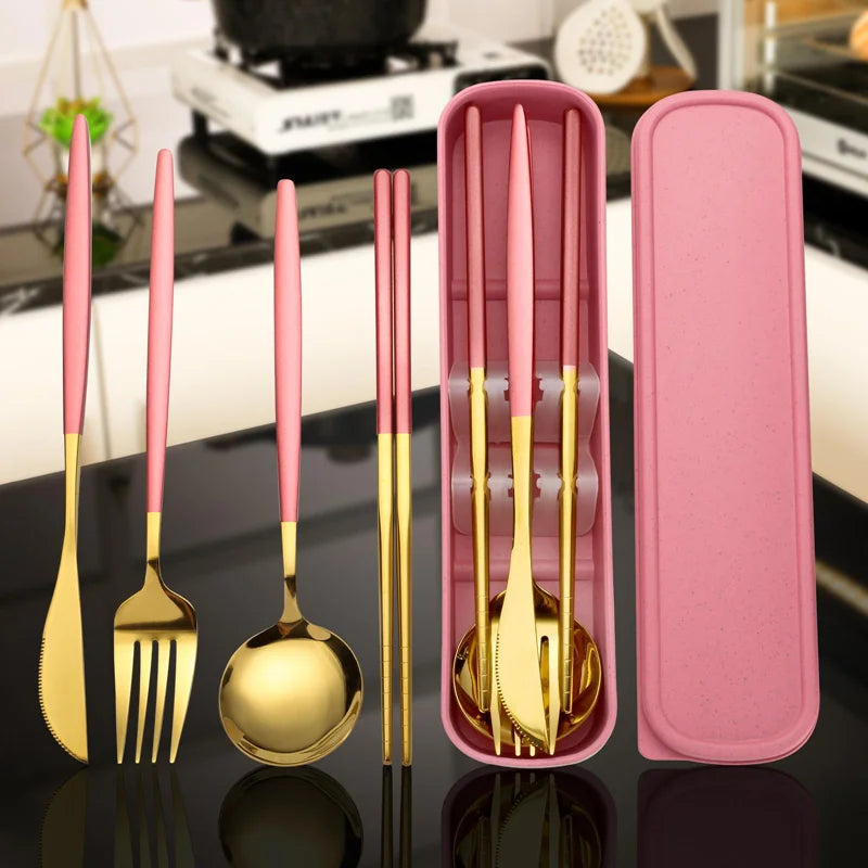 4-Piece Stainless Steel Cutlery Set with Portable Storage Box Portable Cutlery Set Qme