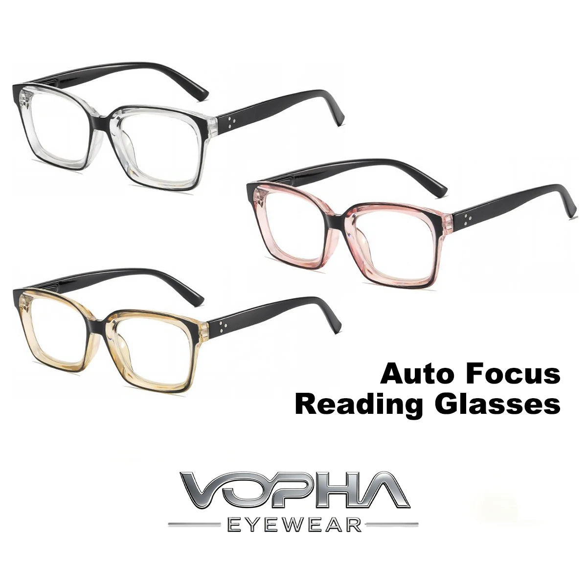 VOPHA Auto-Focus Reading Glasses – Anti-Blue Light Square Frame Reading Glasses Qst 3 Pack