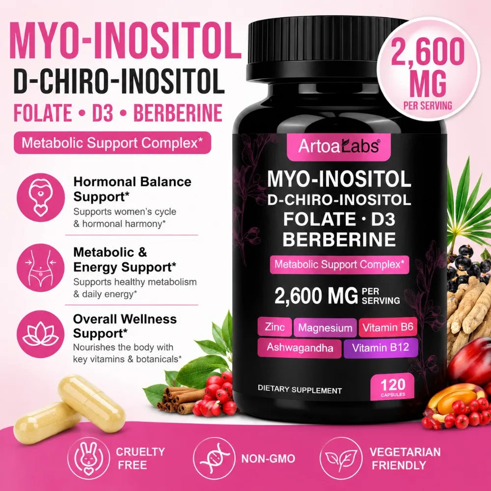 Myo Inositol D-Chiro Berberine Ashwagandha Women's Capsules 120ct Women's Wellness Supplement Qst