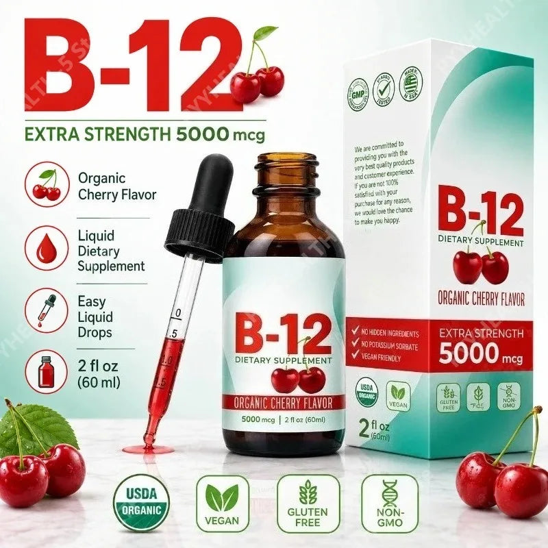 Vitamin B12 Drops 5000mcg Methylcobalamin Cherry Vegan 60ml Vitamin B12 Supplement Qst