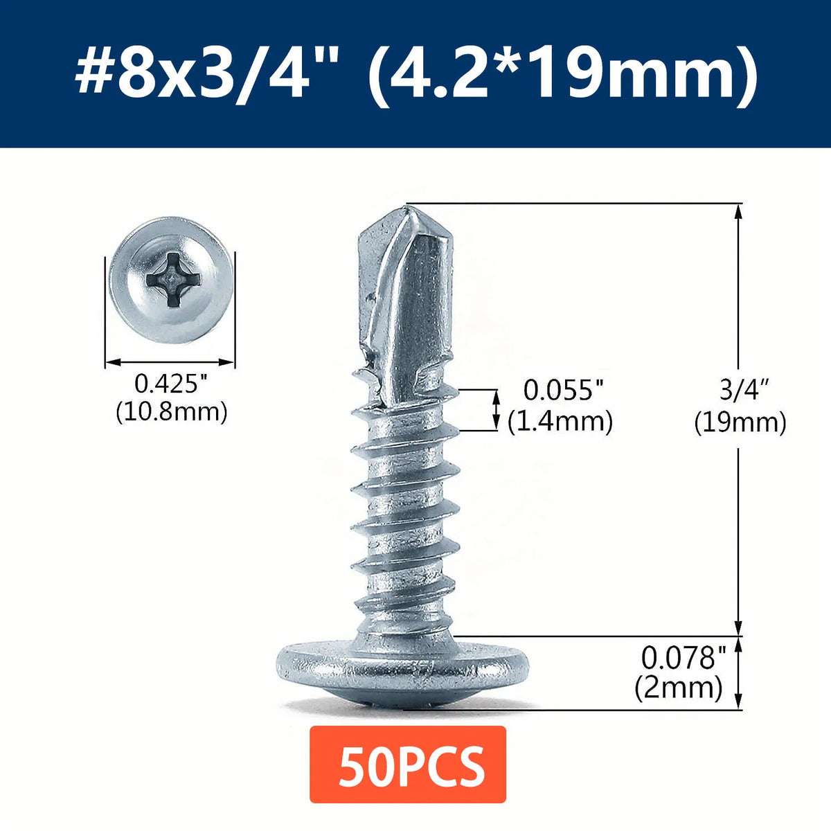 #8 Phillips Truss Head Self-Drilling Tek Screws | Zinc Sheet Metal Self-Drilling Screws Qme 50pcs 19mm