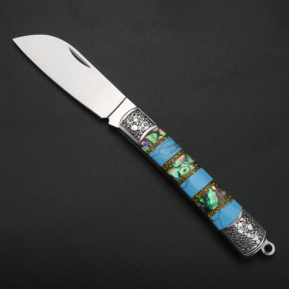 XUAN FENG Turquoise Folding Knife – D2 Steel Camping Pocket Folding Pocket Knife Qst