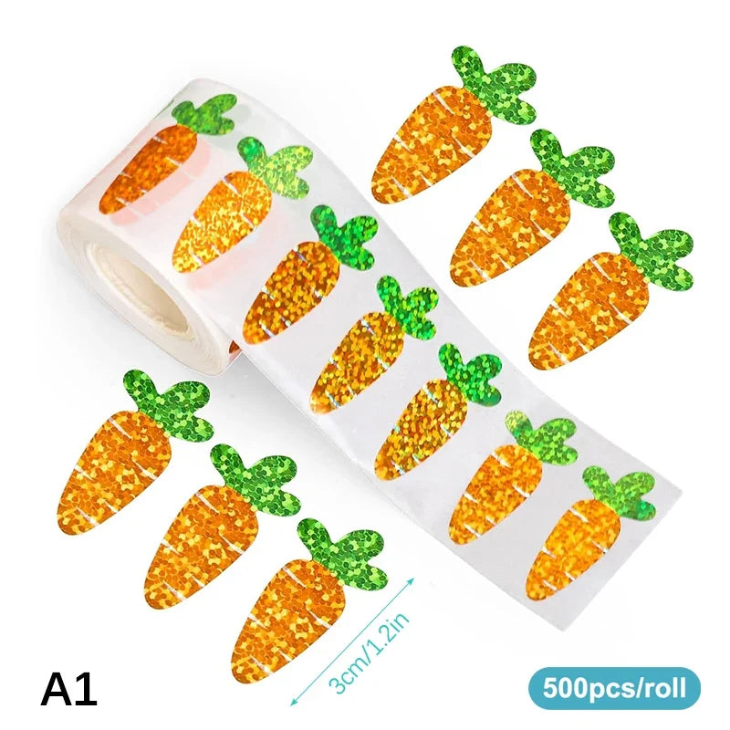 Holographic Easter Bunny & Carrot Stickers Roll – Waterproof Holiday Party Stickers Qme A1
