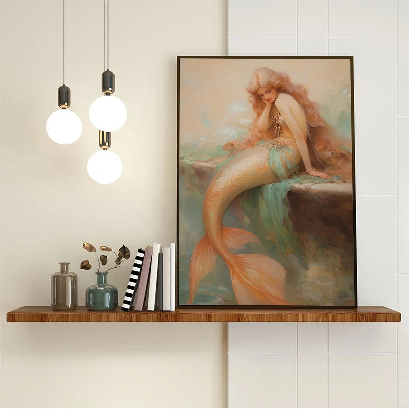 Vintage Mermaid on the Reef Canvas Wall Art Print Canvas Wall Art Qst