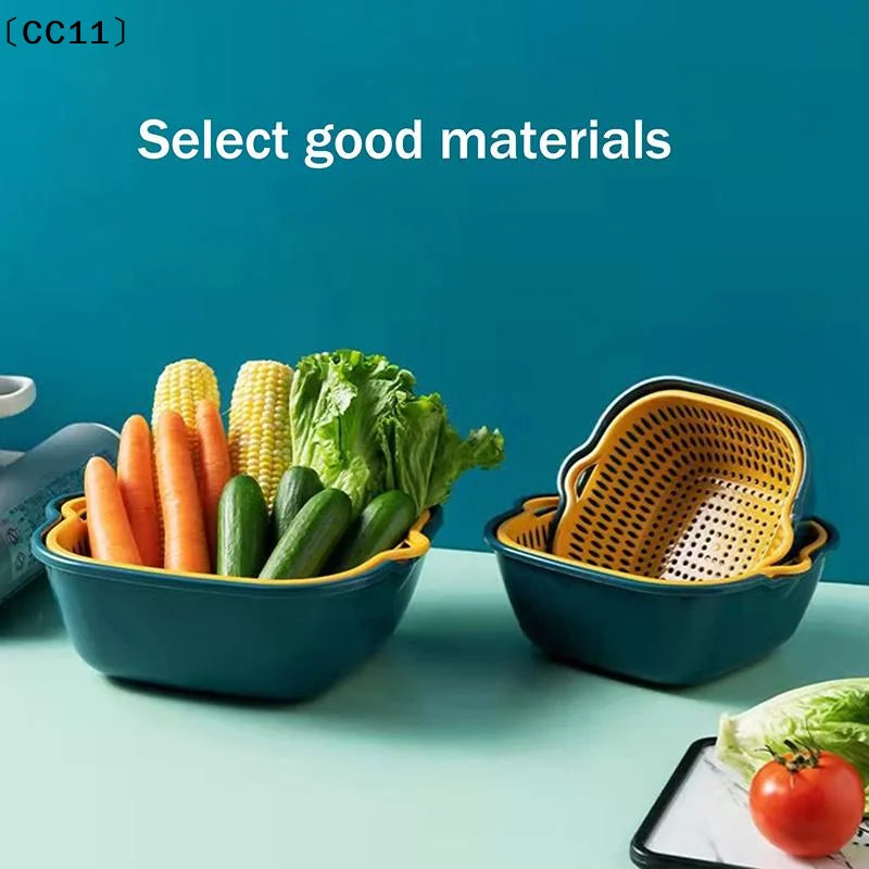 Double-Layer Fruit & Vegetable Drain Basket | Green & Yellow Produce Drain Basket Qme
