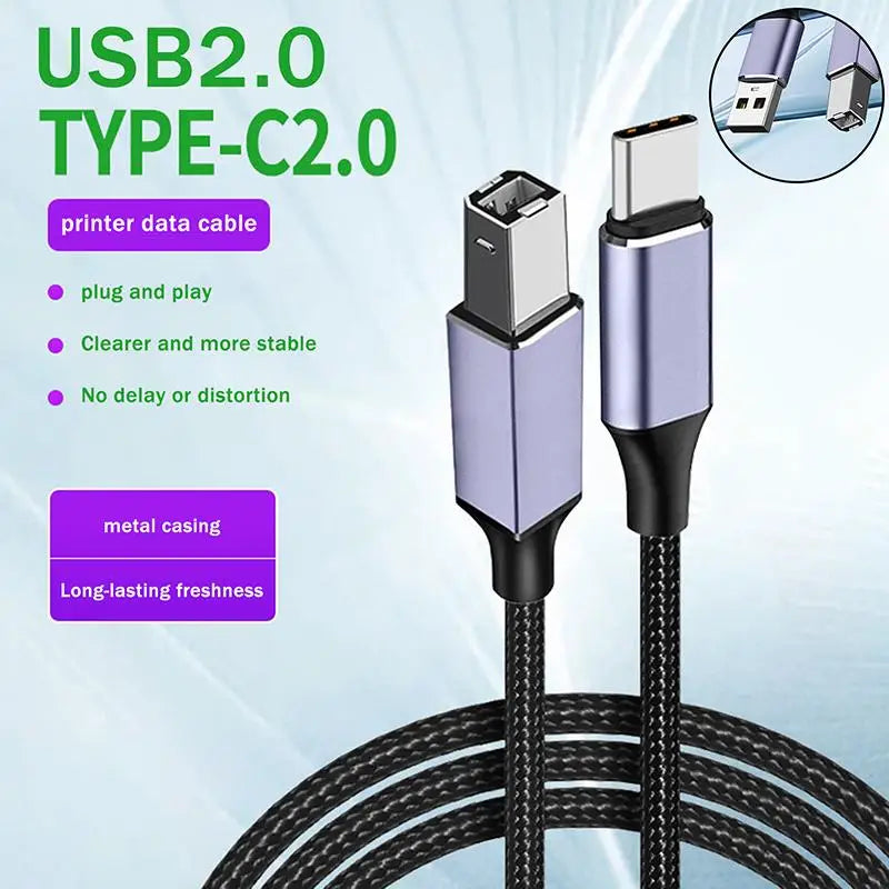 USB-C to USB-B 2.0 Braided Printer Cable | High-Speed 480Mbps USB Printer Cable Qme