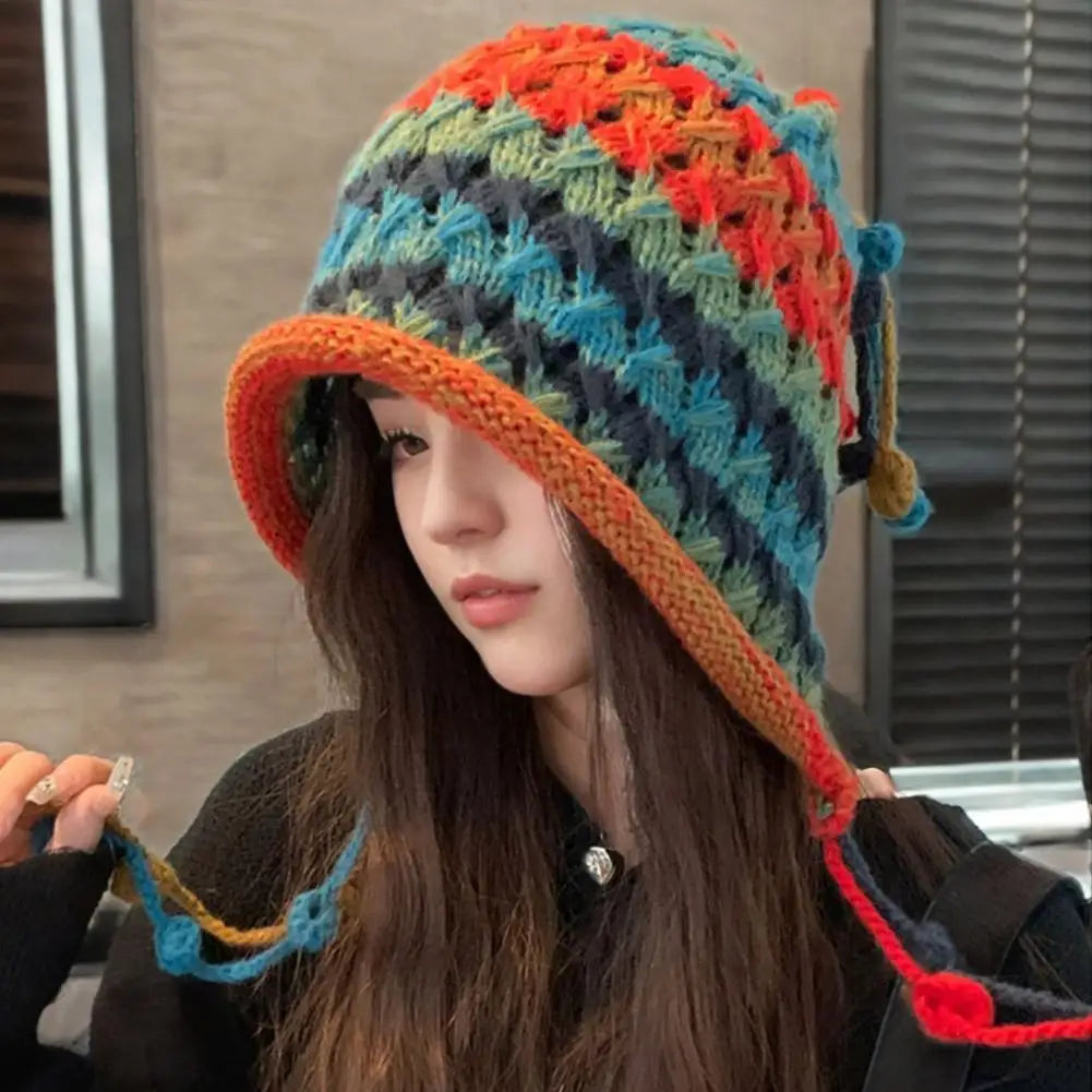 Rainbow Striped Knit Beanie Hat – Women's Winter Warm Cap Knit Beanie Hat Qme