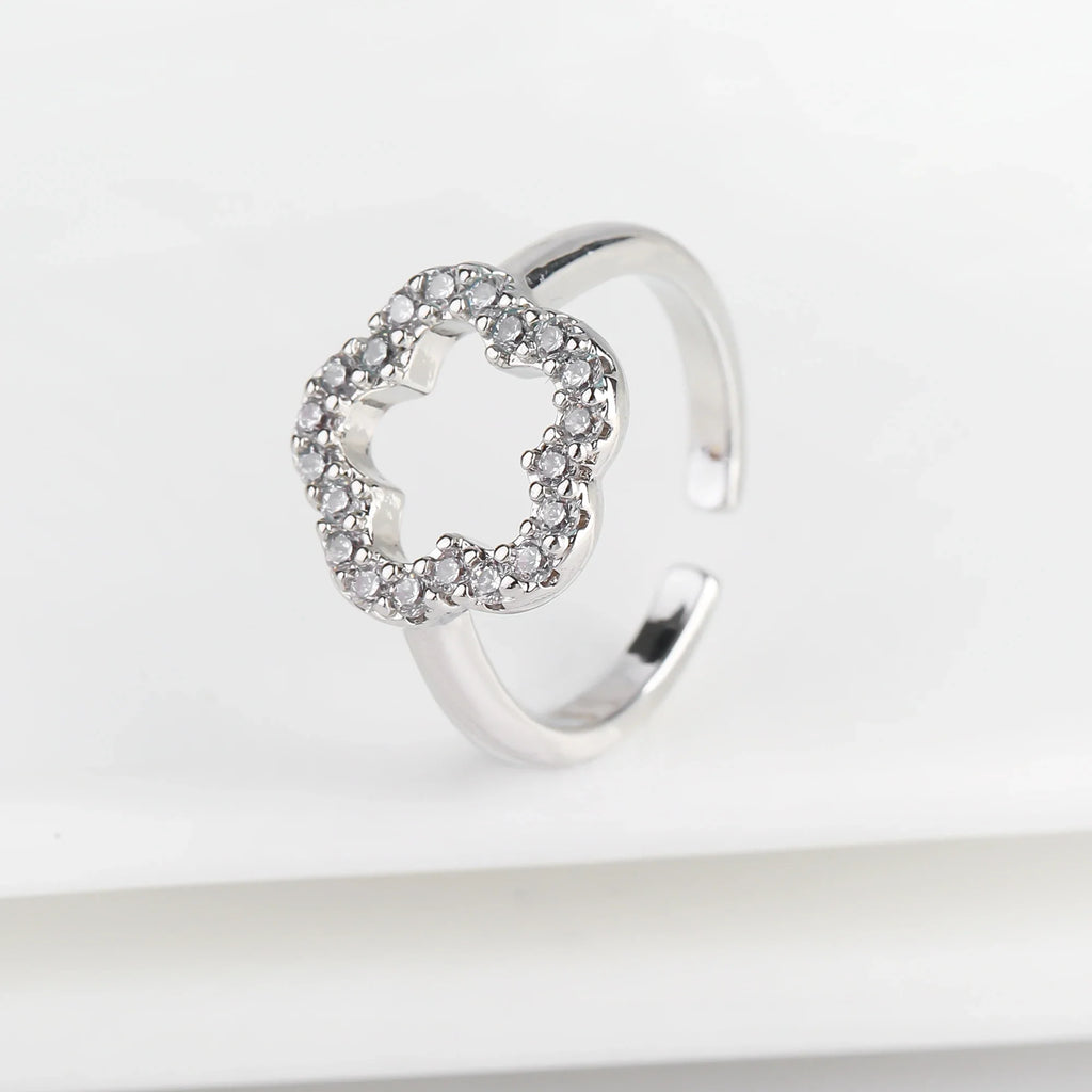 Cubic Zirconia Five Leaf Flower Open Adjustable Ring Fashion Ring Qme Silver resizable
