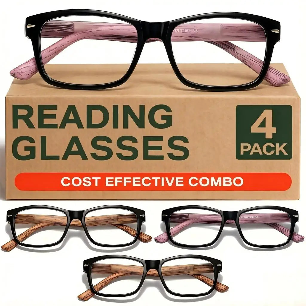 VOPHA Retro Wood Grain Blue Light Reading Glasses +1.0–+3.0 Reading Glasses Qst 100 4 pack