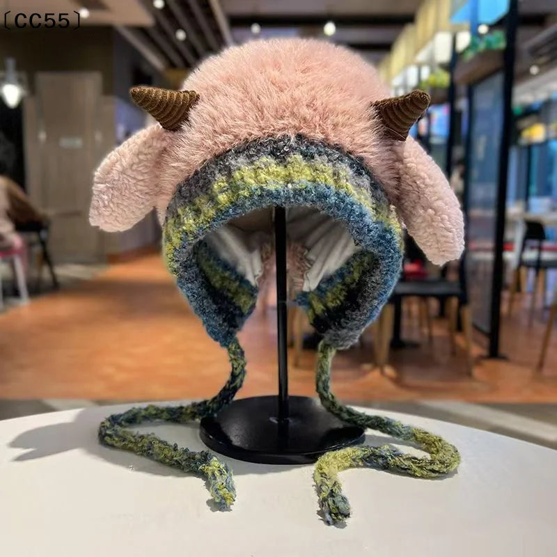 Women's Plush Knitted Beanie – Warm Winter Hat with Ear Cover Knitted Beanie Hat Qst
