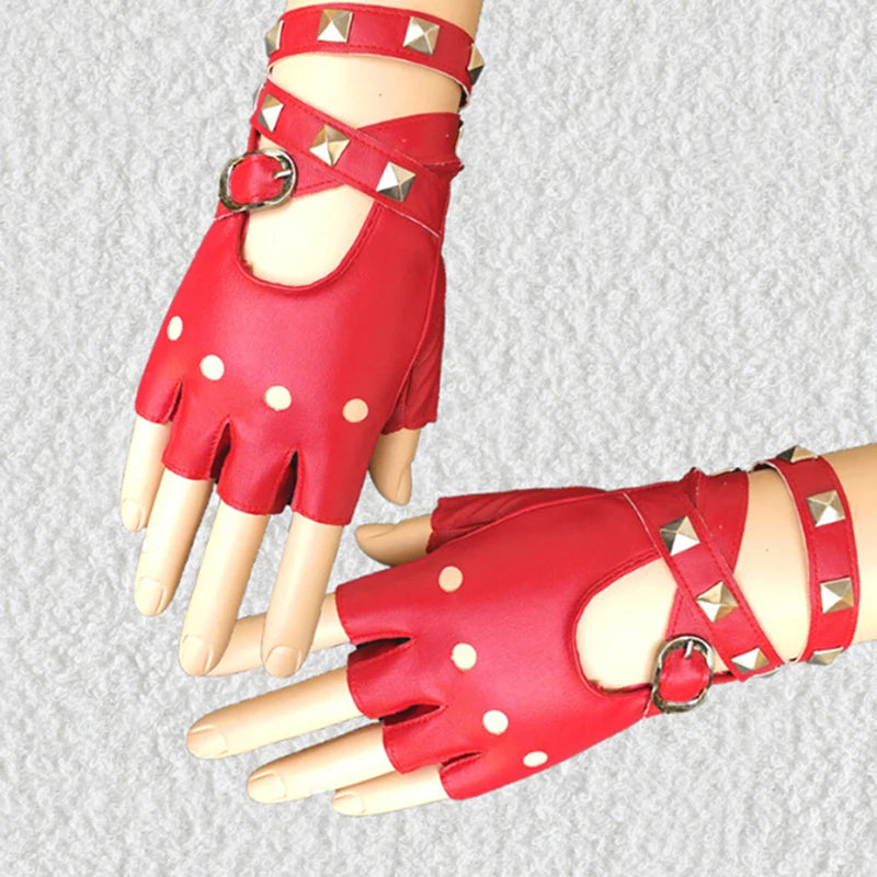 Women's Punk Rivet Half Finger Faux Leather Gloves – Dance & Performance Performance Gloves Qst Red