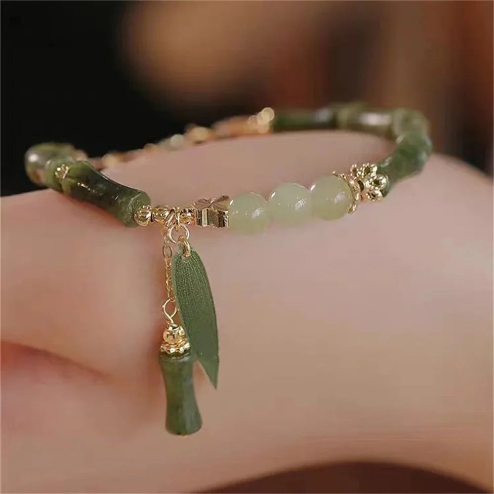 Handmade Green Natural Stone Bamboo Leaf Beaded Bracelet Beaded Bracelet Qme green