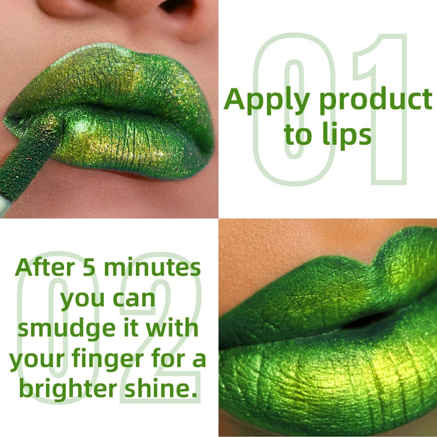 Green Glitter Lip Glaze – Waterproof Metallic Long-Lasting Gloss Glitter Lip Glaze Qme
