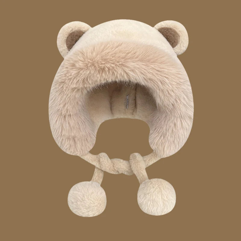 Women's Winter Plush Bear Ear Bucket Hat – Fluffy & Warm Winter Plush Hat Qst Beige