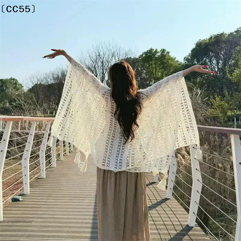 Women's Boho Crochet Lace Beach Cover-Up with Tassels Beach Cover-Up Qst