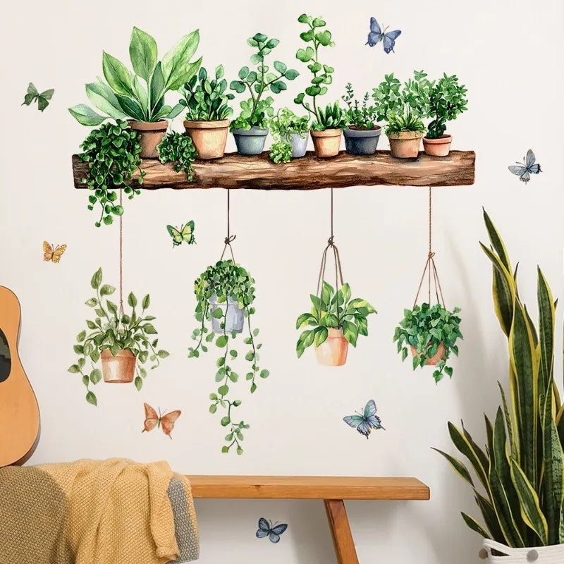 3D Potted Plant Shelf Wall Decals – Botanical Tropical Succulent Wall Decals Qme