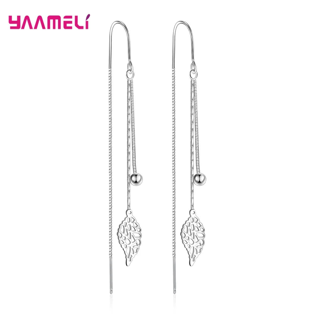 925 Sterling Silver Leaf Tassel Long Drop Earrings – 85mm Drop Earrings Qme